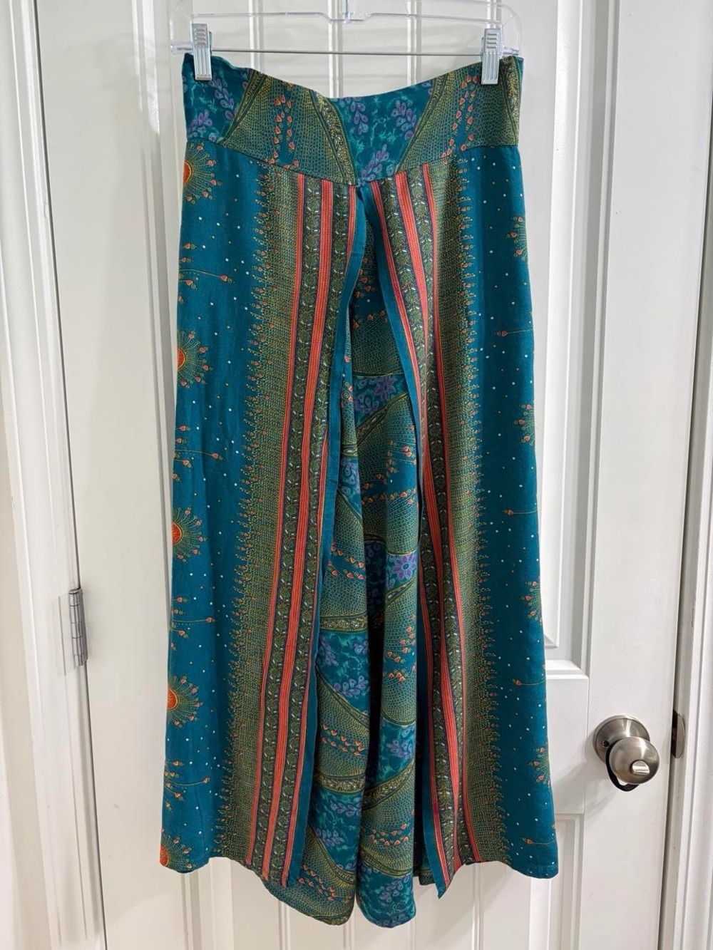 Three Cranes Gallery Women's Teal Printed Split-Leg Palazzo Pants S/M Boho Artsy